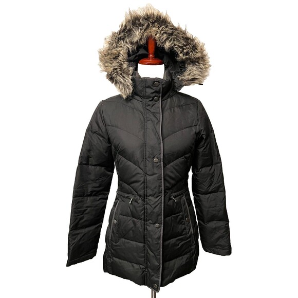 LARRY LEVINE Women's XS Down Puffer Coat Jacket Black Faux Fur Hood Winter Warm - Picture 1 of 12